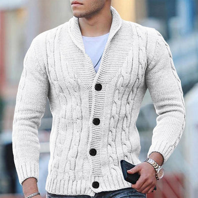 Men’s Cable Knit Cardigan - Wool Blend - Shawl Collar - Button Down - Ribbed Cuffs