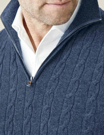 Men’s Cable Knit Sweater – Wool Blend – Half Zip – Stand Collar – Smart Casual Fit