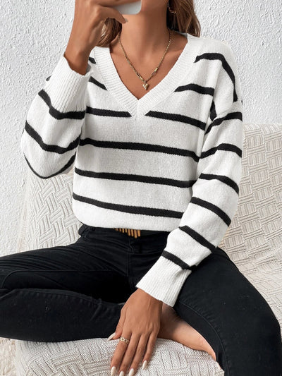 Sweater stylish with stripes and V-neck for women