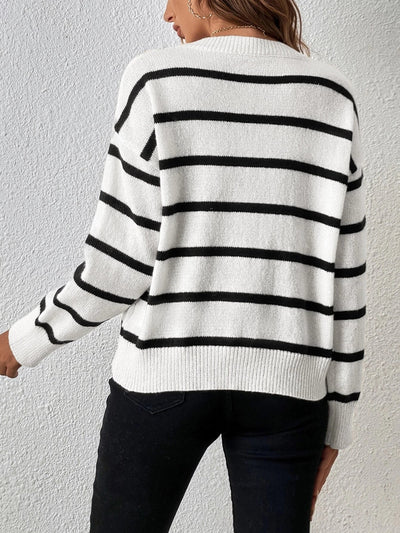 Sweater stylish with stripes and V-neck for women