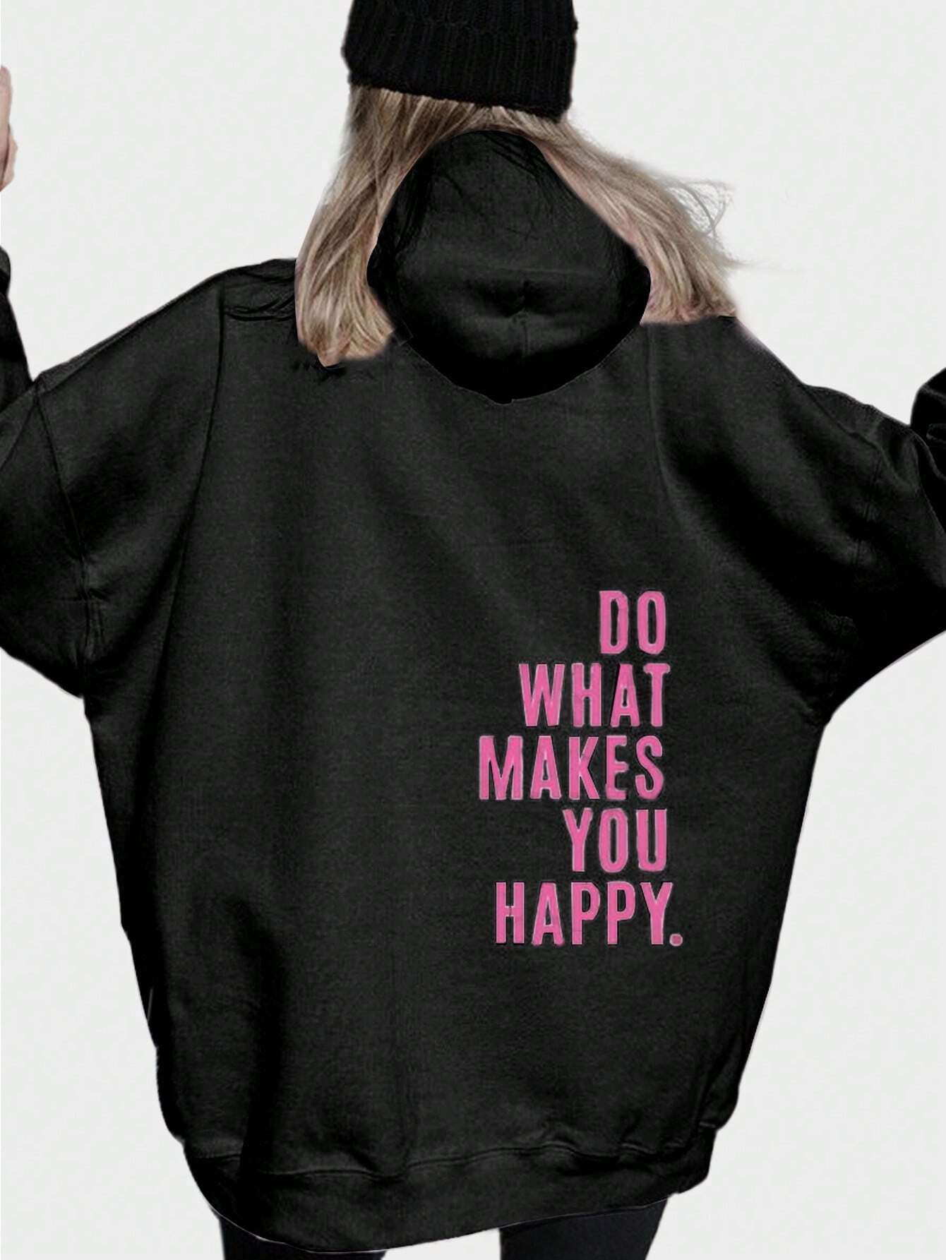 Sweater with a casual text logo design, monochrome style and hood for women