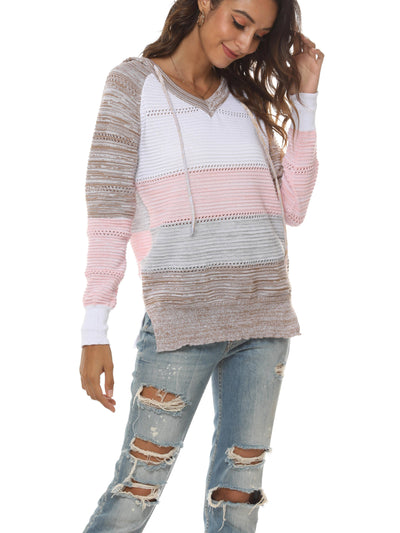 Sweater with a hood and V-neck in harmonious colors