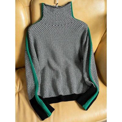 Rolling collar sweater with a geometric knitting pattern