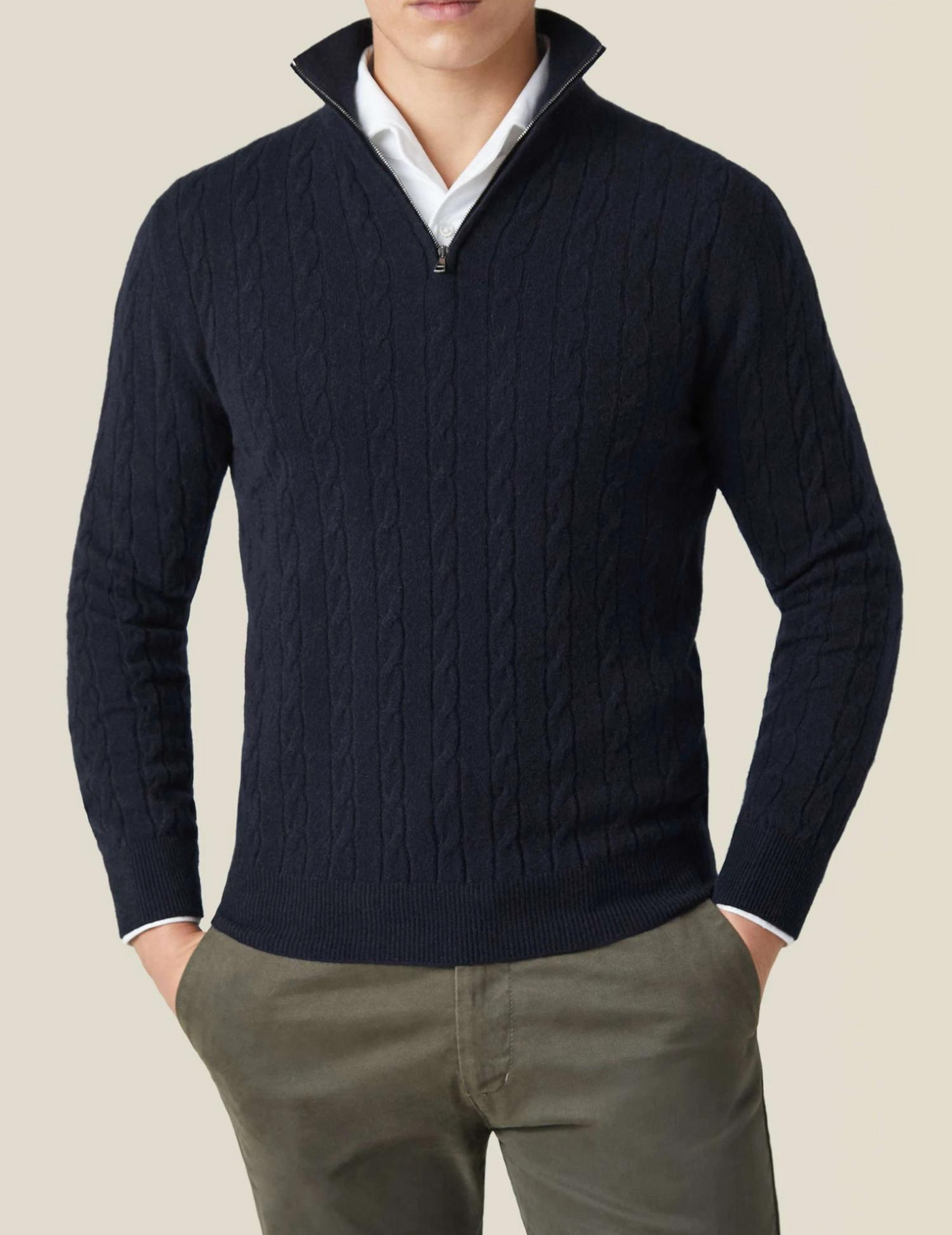 Men’s Cable Knit Sweater – Wool Blend – Half Zip – Stand Collar – Smart Casual Fit