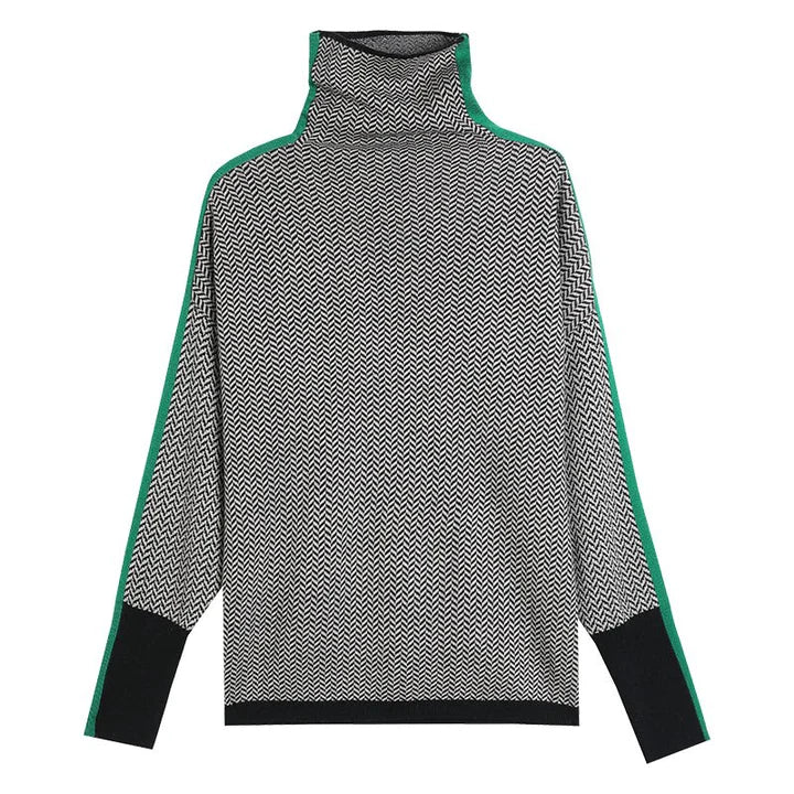 Rolling collar sweater with a geometric knitting pattern