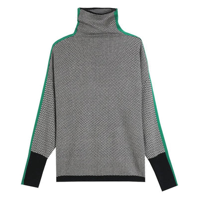 Rolling collar sweater with a geometric knitting pattern
