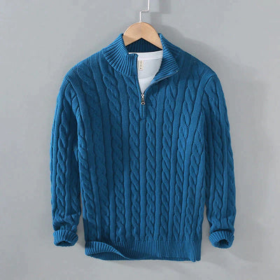 Men’s Cable Knit Sweater - Quarter Zip - Ribbed Collar & Cuffs - Warm & Stylish