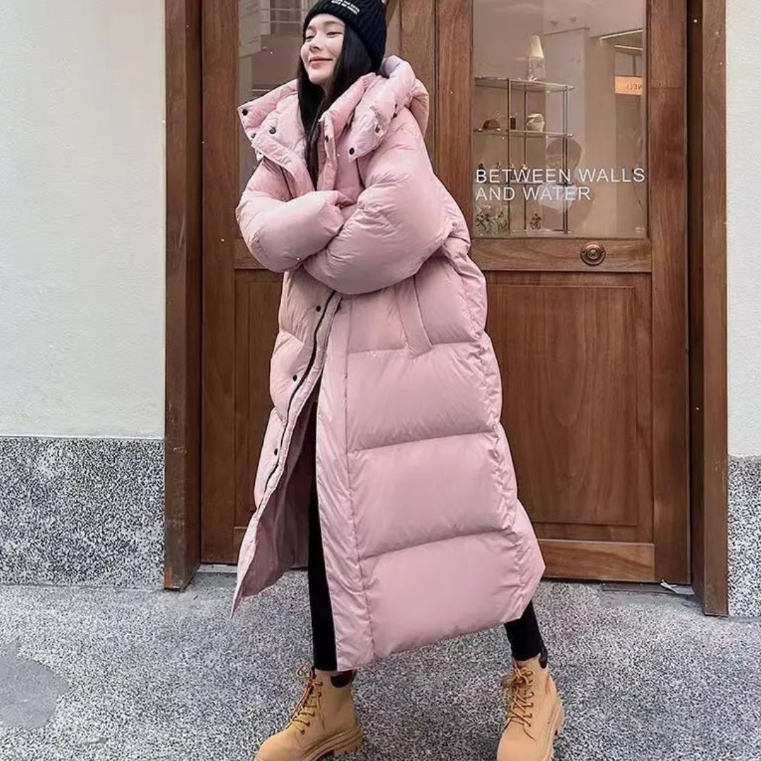 Women's long winter buffer down jacket | Hood