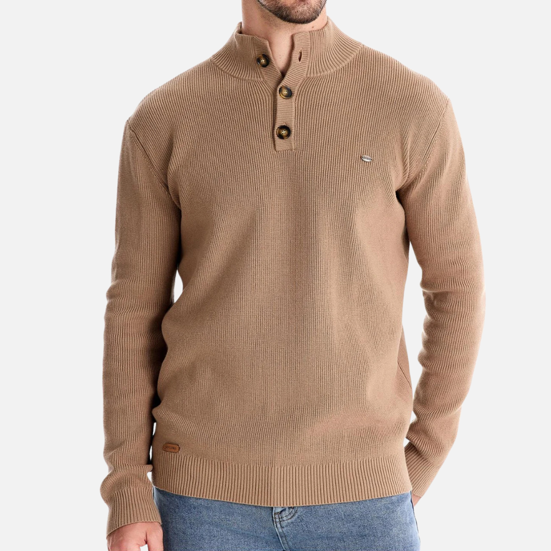 Men’s Turtleneck Sweater – Wool Blend – Slim Fit – Ribbed Knit with Button Placket