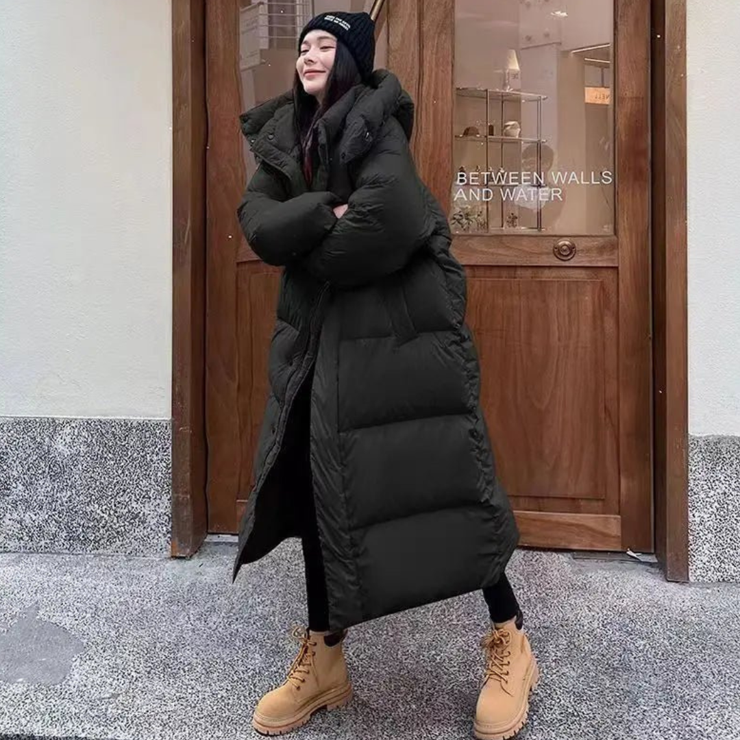 Women's long winter buffer down jacket | Hood
