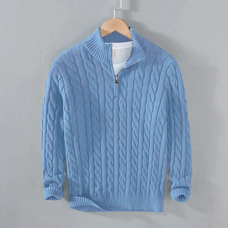 Men’s Cable Knit Sweater - Quarter Zip - Ribbed Collar & Cuffs - Warm & Stylish