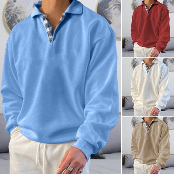 Men's Long-Sleeve Polo Shirt - Classic Collar - Button Placket - Relaxed Fit Casual Wear