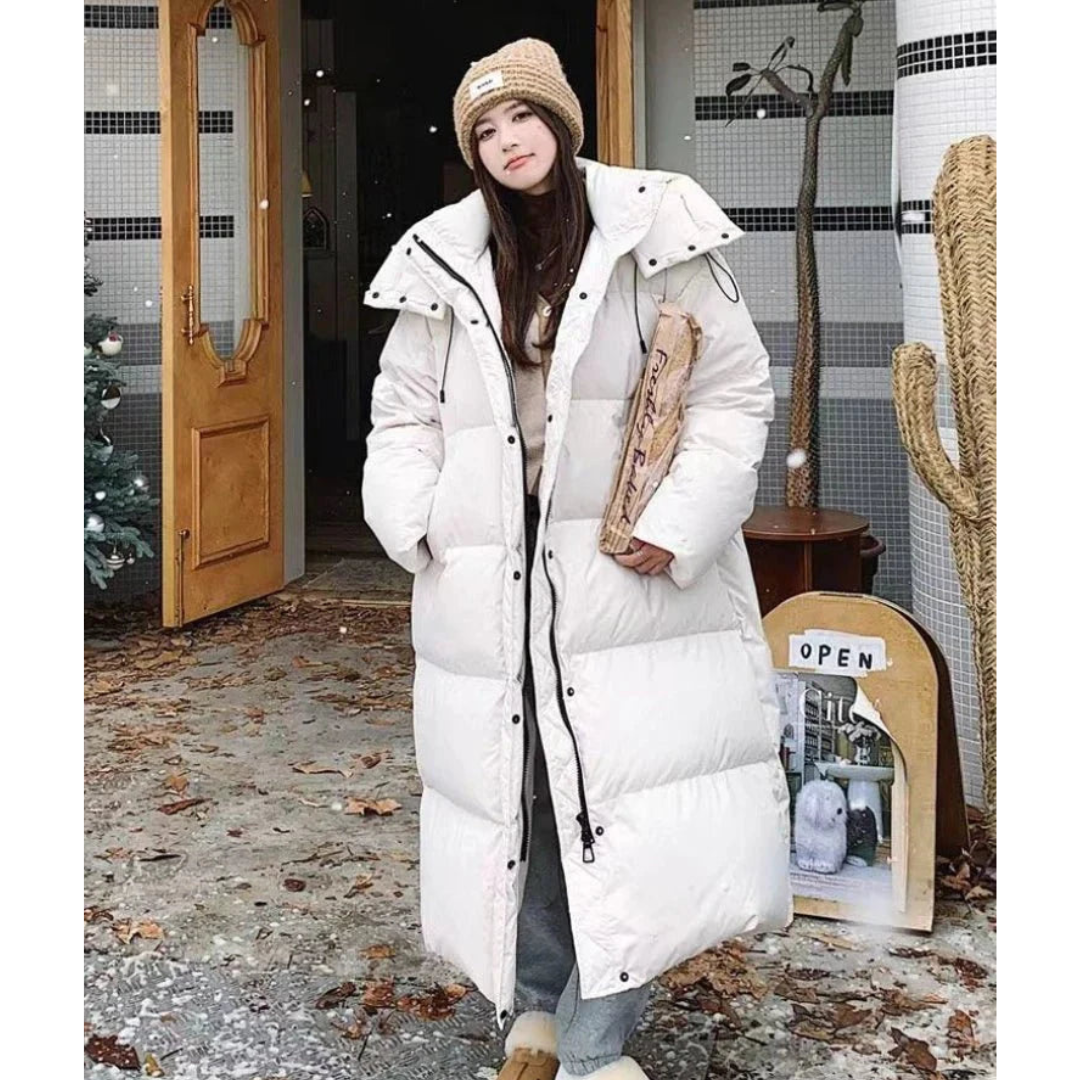 Women's long winter buffer down jacket | Hood
