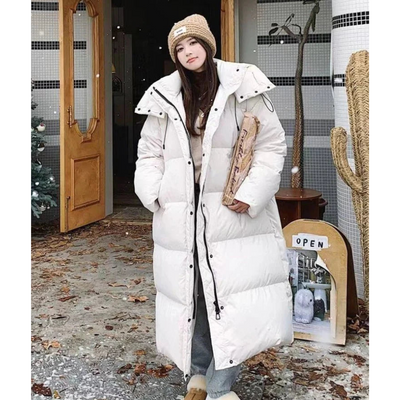Women's long winter buffer down jacket | Hood
