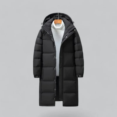 Men's long buffer button down jacket | Hood
