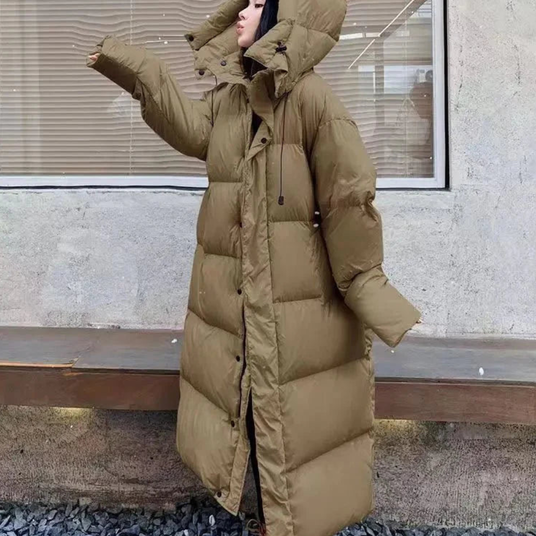Women's long winter buffer down jacket | Hood