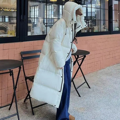Women's long winter buffer down jacket | Hood