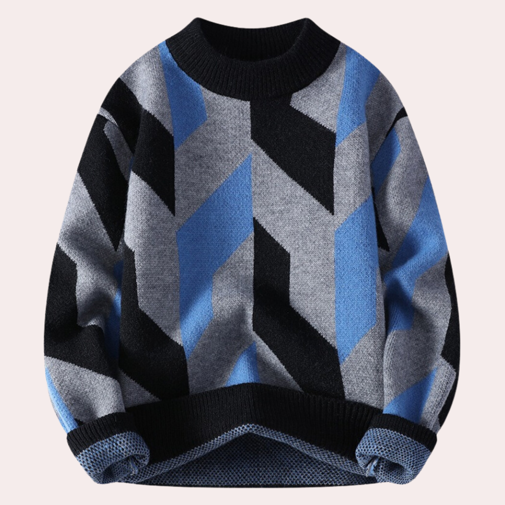 Men’s Knitted Sweater - Geometric Pattern - Crew Neck - Relaxed Fit - Long Sleeve