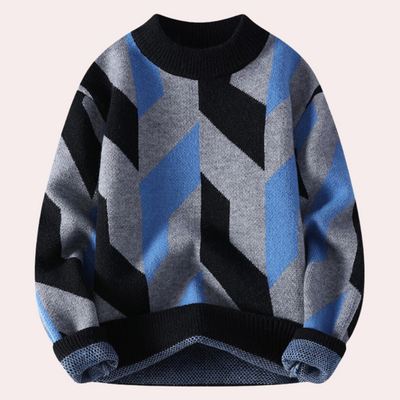 Men’s Knitted Sweater - Geometric Pattern - Crew Neck - Relaxed Fit - Long Sleeve