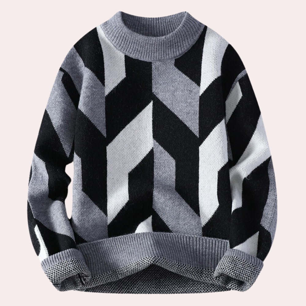 Men’s Knitted Sweater - Geometric Pattern - Crew Neck - Relaxed Fit - Long Sleeve