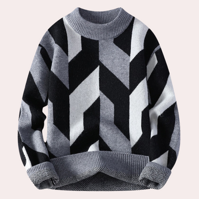 Men’s Knitted Sweater - Geometric Pattern - Crew Neck - Relaxed Fit - Long Sleeve