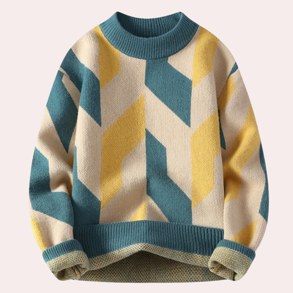 Men’s Knitted Sweater - Geometric Pattern - Crew Neck - Relaxed Fit - Long Sleeve