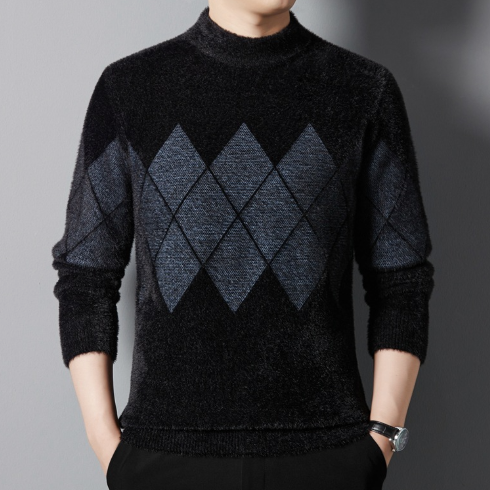 Men’s Sweater - Mock Neck - Argyle Pattern - Long Sleeve Soft Knit Casual Wear