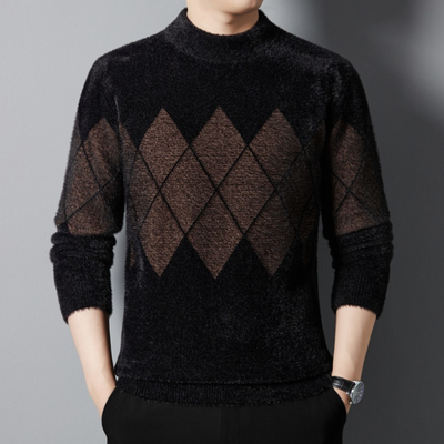 Men’s Sweater - Mock Neck - Argyle Pattern - Long Sleeve Soft Knit Casual Wear