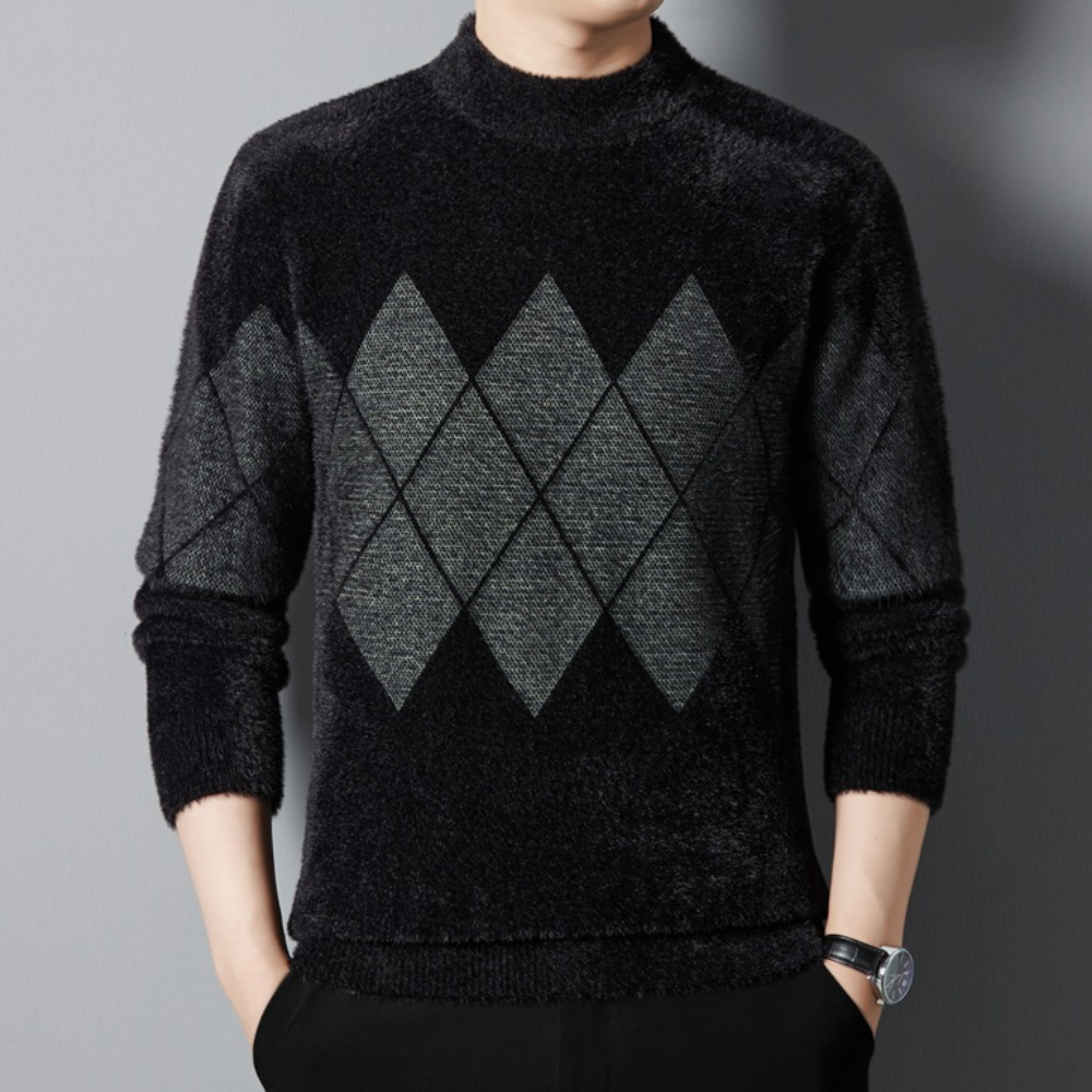 Men’s Sweater - Mock Neck - Argyle Pattern - Long Sleeve Soft Knit Casual Wear