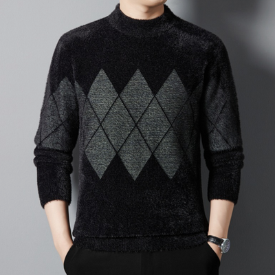 Men’s Sweater - Mock Neck - Argyle Pattern - Long Sleeve Soft Knit Casual Wear