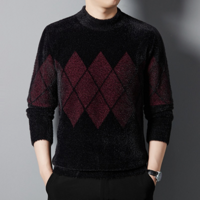 Men’s Sweater - Mock Neck - Argyle Pattern - Long Sleeve Soft Knit Casual Wear
