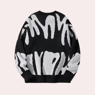 Men’s Knitted Sweater - Abstract Design - Crew Neck - Long Sleeve - Ribbed Cuffs