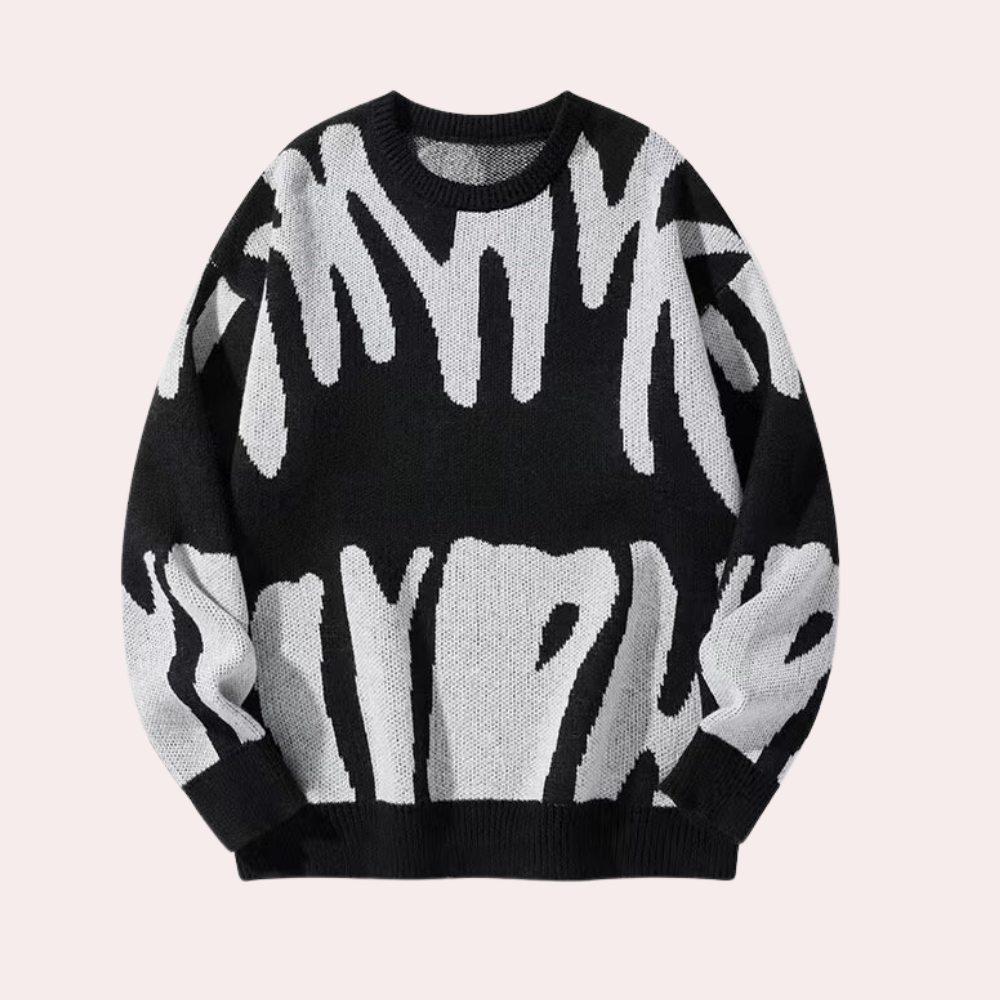 Men’s Knitted Sweater - Abstract Design - Crew Neck - Long Sleeve - Ribbed Cuffs
