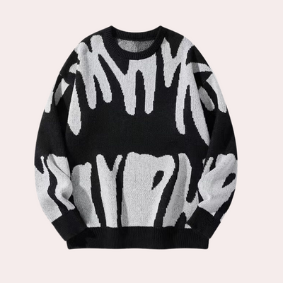 Men’s Knitted Sweater - Abstract Design - Crew Neck - Long Sleeve - Ribbed Cuffs