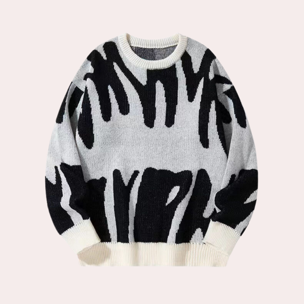 Men’s Knitted Sweater - Abstract Design - Crew Neck - Long Sleeve - Ribbed Cuffs