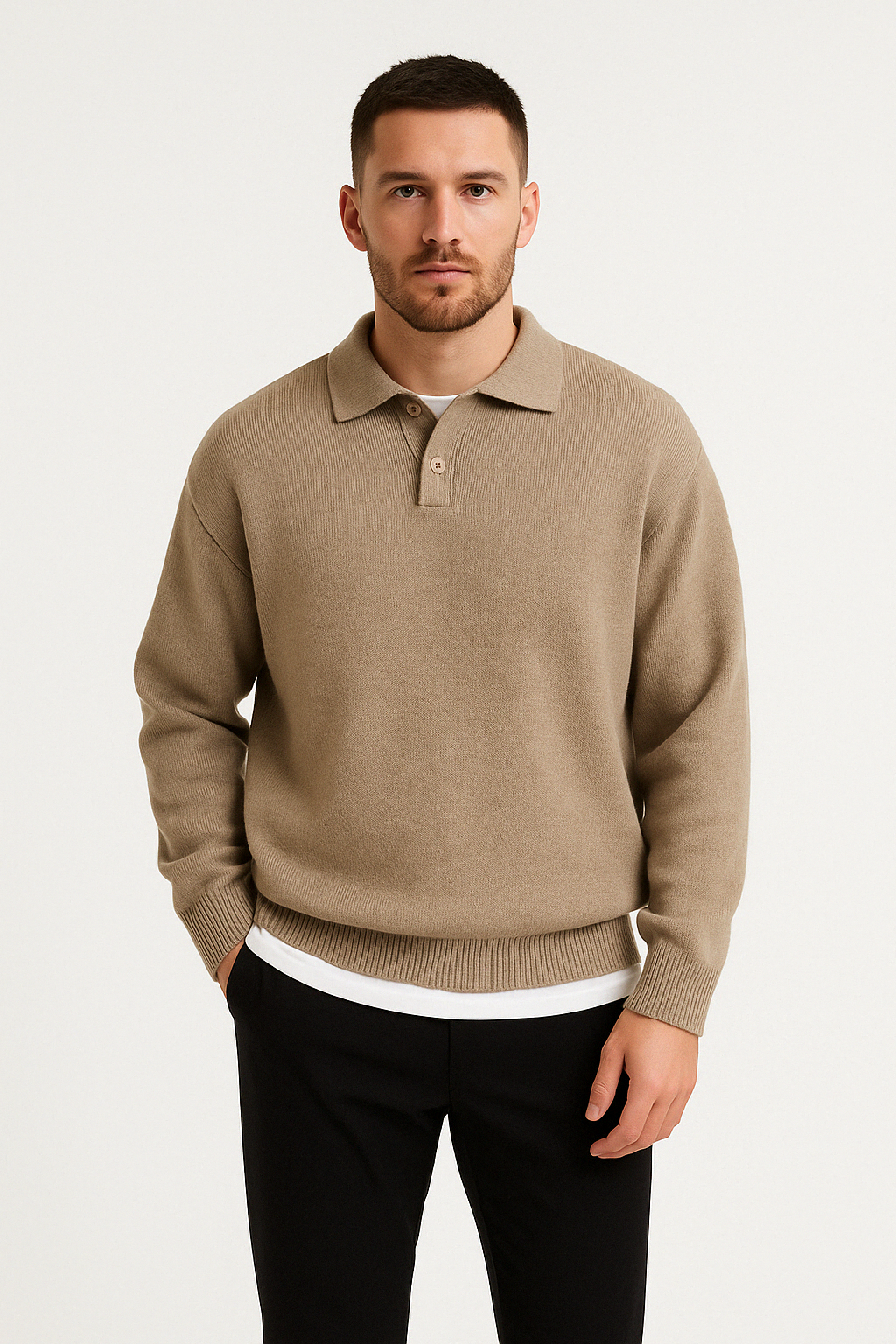Men’s Polo Sweater – Wool – Relaxed Fit – Buttoned Collar – Ribbed Hem and Cuffs