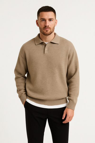 Men’s Polo Sweater – Wool – Relaxed Fit – Buttoned Collar – Ribbed Hem and Cuffs