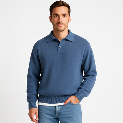 Men’s Polo Sweater – Wool – Relaxed Fit – Buttoned Collar – Ribbed Hem and Cuffs