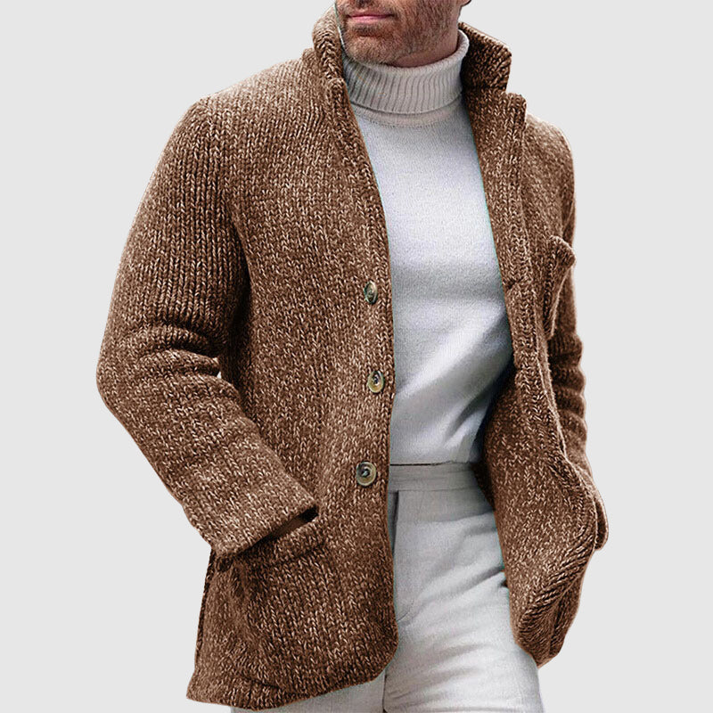 Men’s Knitted Cardigan - Chunky Texture - Stand-Up Collar - Button-Up Front