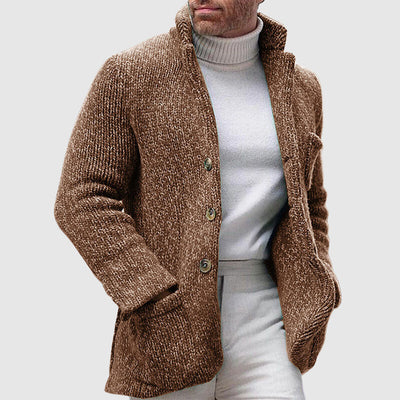 Men’s Knitted Cardigan - Chunky Texture - Stand-Up Collar - Button-Up Front