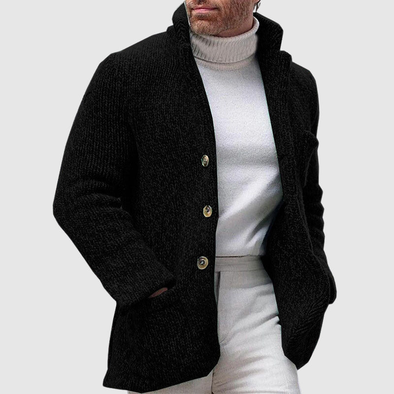 Men’s Knitted Cardigan - Chunky Texture - Stand-Up Collar - Button-Up Front