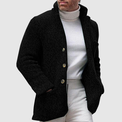 Men’s Knitted Cardigan - Chunky Texture - Stand-Up Collar - Button-Up Front
