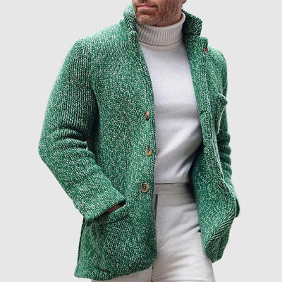 Men’s Knitted Cardigan - Chunky Texture - Stand-Up Collar - Button-Up Front