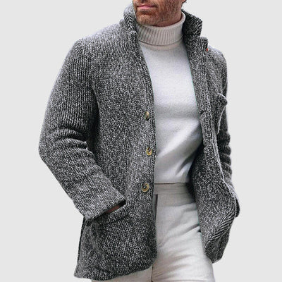 Men’s Knitted Cardigan - Chunky Texture - Stand-Up Collar - Button-Up Front