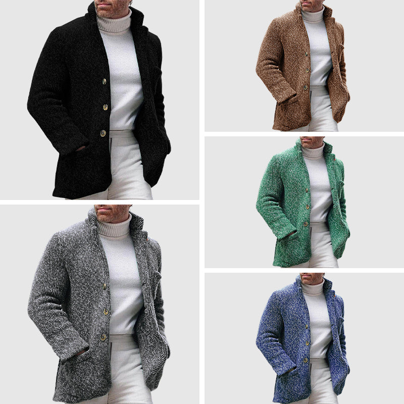 Men’s Knitted Cardigan - Chunky Texture - Stand-Up Collar - Button-Up Front