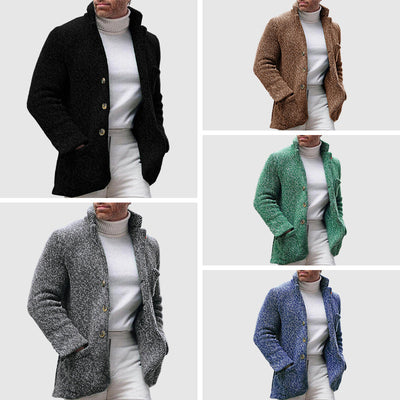 Men’s Knitted Cardigan - Chunky Texture - Stand-Up Collar - Button-Up Front
