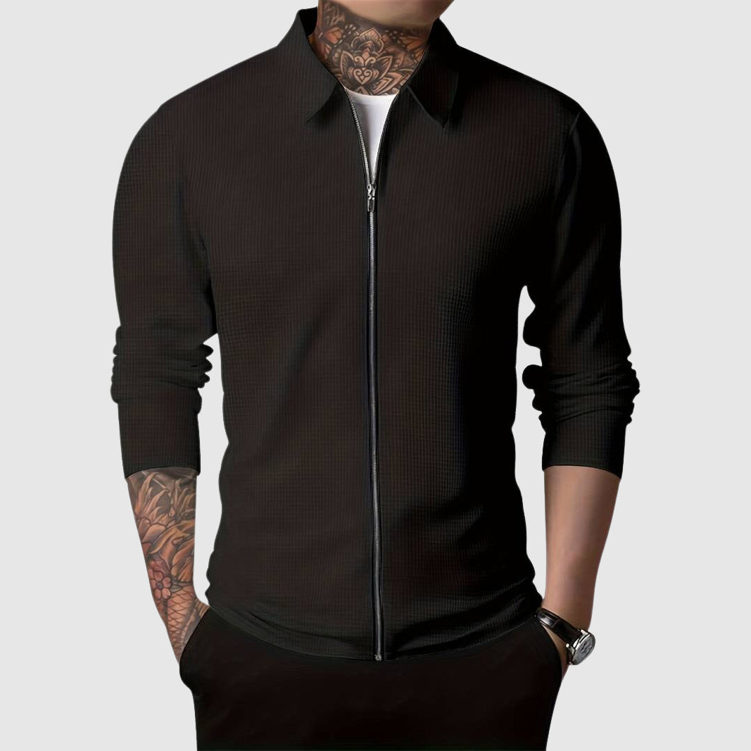 Men’s Zip-Up Sweater – Waffle Knit – Fitted Design – Long Sleeve Casual Wear