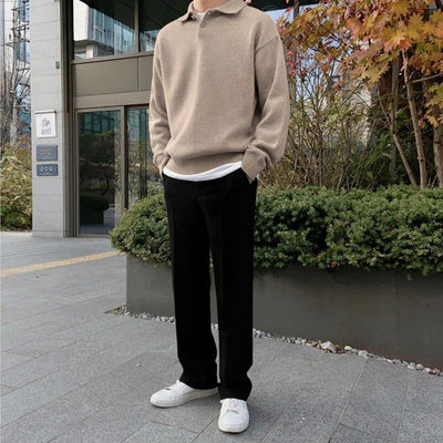 Men’s Polo Sweater – Wool – Relaxed Fit – Buttoned Collar – Ribbed Hem and Cuffs