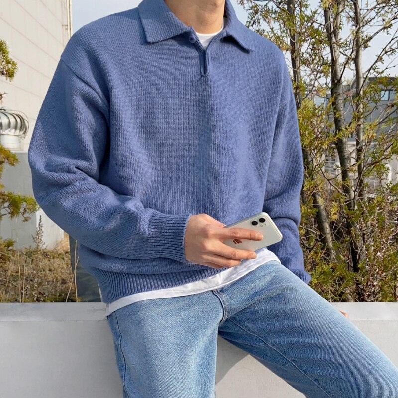 Men’s Polo Sweater – Wool – Relaxed Fit – Buttoned Collar – Ribbed Hem and Cuffs