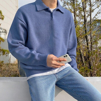Men’s Polo Sweater – Wool – Relaxed Fit – Buttoned Collar – Ribbed Hem and Cuffs